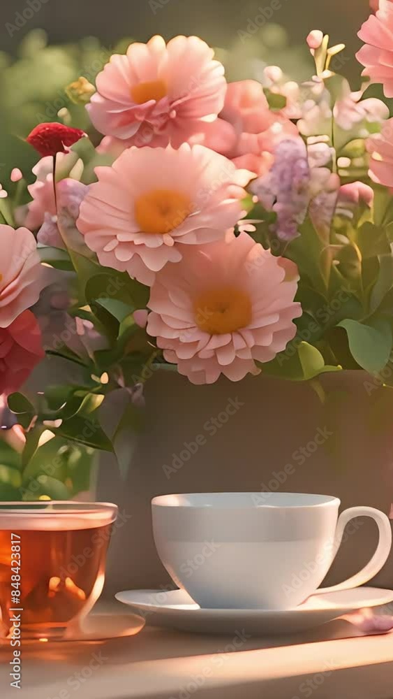 flowers in the garden with a cup of tea flowers in the garden with a cup of tea