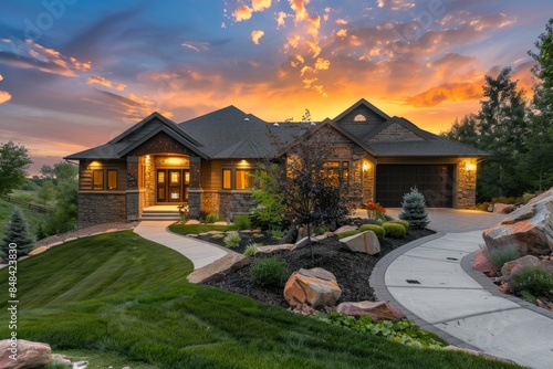 A modern stone home with a landscaped yard and a paved driveway. The sunset creates a warm glow on the house and surrounding landscape photo