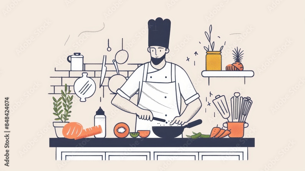 chef cooking food in kitchen with vegetables and other ingredients chef cooking food in kitchen with vegetables and other ingredients