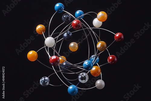 Colorful Spheres Connected by Wire in a Complex Pattern Against a Black Backg...