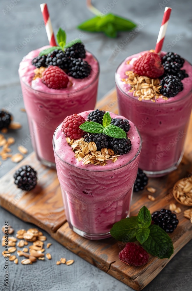Fresh Blackberry Smoothies With Oatmeal and Mint Garnish Fresh Blackberry Smoothies With Oatmeal and Mint Garnish