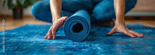 Person Rolling Up Blue Yoga Mat on Floor Indoors