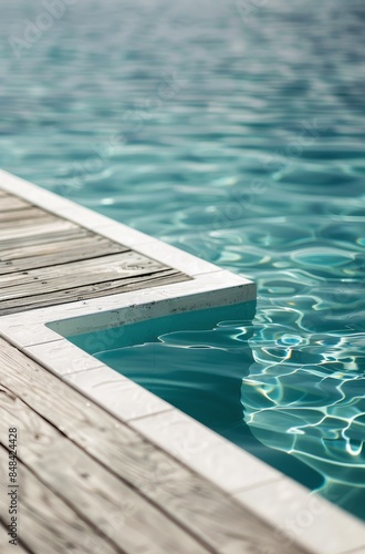 Wooden Deck Edge Meeting Pool Water On Sunny Day