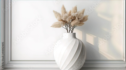 modern white ceramic vase on marble mantel, large room with white walls,