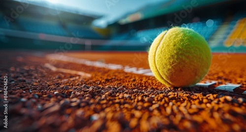 Tennis Ball Resting on Clay Court With Stadium in Background