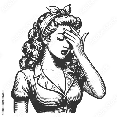woman with facepalm gesture in a striped shirt, thoughtful expression, hand on her forehead sketch engraving generative ai fictional character vector illustration. Black and white image.