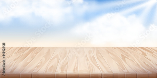 Wooden table and blue sunshine sky with clouds. Summer or spring picnic background. Empty space food table. Tabletop advertisement backdrop