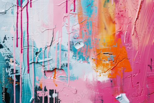 Wallpaper Mural Messy paint strokes and smudges on an old painted wall. Pink, purple, yellow, blue color drips, flows, streaks of paint and paint sprays Torontodigital.ca