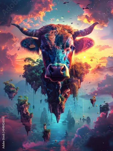 A digital painting depicting a colorful bull with floating islands in the background
