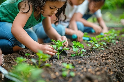 Children Planting Green Seedlings in a Garden Bed