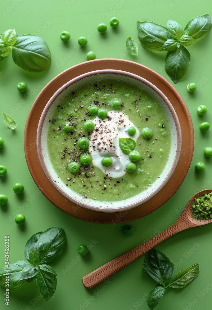 Green Pea Soup With Basil and Olive Oil on Green Background Green Pea Soup With Basil and Olive Oil on Green Background