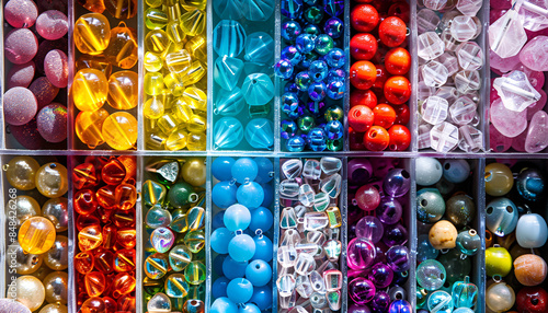 Glass crystal beads in compartment box for crafting own jewelry, close up, top down view. Multi-colored and multi-shaped beads