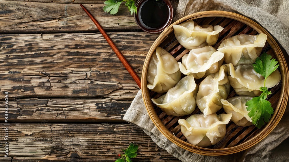Fototapeta premium Freshly Boiled Dumplings Traditional Chinese Cuisine on Vintage Wooden Surface