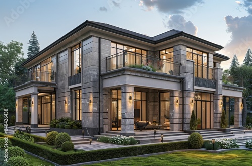 Modern Stone Mansion With Balconies and Lush Greenery