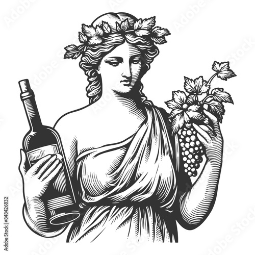 classical statue of woman with a bottle of wine and a bunch of grapes sketch engraving generative ai fictional character vector illustration. Scratch board imitation. Black and white image.