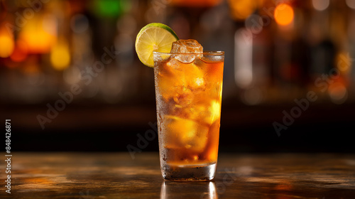 Dark Stormy cocktail in glass, refreshing alcohol drink