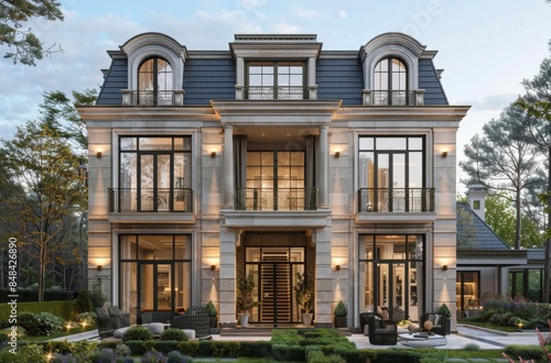 Modern Stone Mansion With Balconies and Lush Greenery