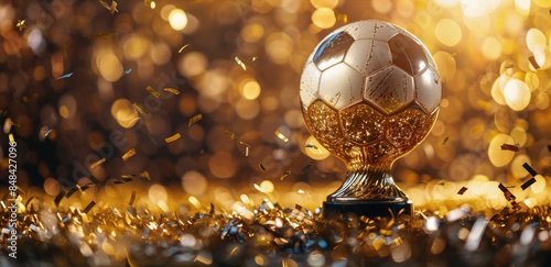 Golden Soccer Trophy Surrounded by Confetti