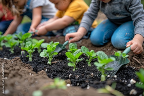 Children Planting Green Seedlings in a Garden Bed