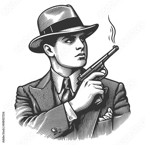 vintage gangster wearing a suit and hat, holding a smoking gun sketch engraving generative ai fictional character vector illustration. Scratch board imitation. Black and white image.