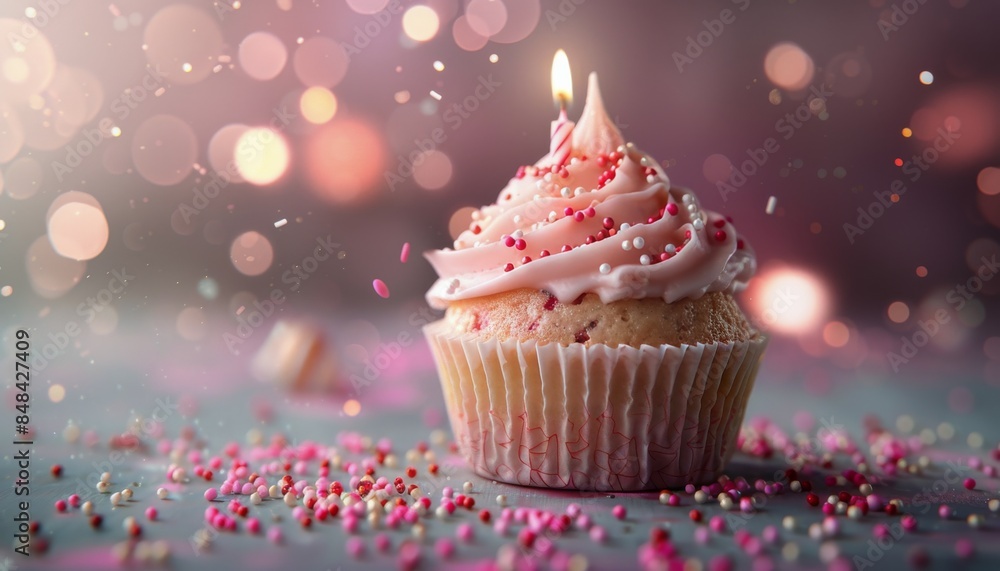 Pink Birthday Cupcake With Heart-Shaped Candle and Bokeh Background Pink Birthday Cupcake With Heart-Shaped Candle and Bokeh Background