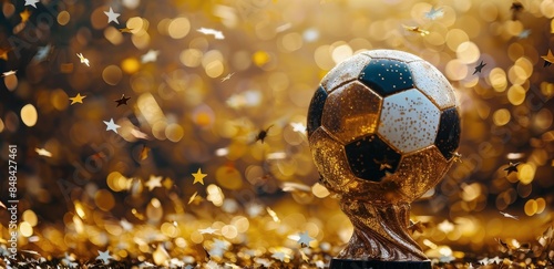 Golden Soccer Trophy Surrounded by Confetti