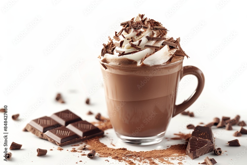 Cup of hot chocolate with whipped cream and chocolate shavings, white background. Cup of hot chocolate with whipped cream and chocolate shavings, white background.