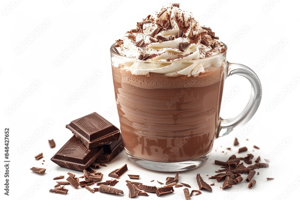 Cup of hot chocolate with whipped cream and chocolate sprinkles on white background.