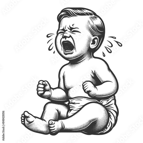 intense emotion of a crying baby, with detailed expression and classic styling sketch engraving generative ai fictional character vector illustration. Scratch board imitation. Black and white image.