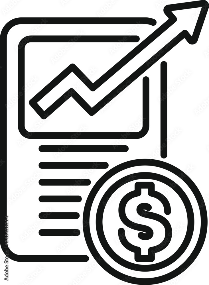 Line art icon of a financial report showing growth with an increasing upward arrow and dollar coin for concepts like investment and profit Line art icon of a financial report showing growth with an increasing upward arrow and dollar coin for concepts like investment and profit