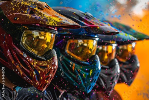 A close-up shot of paintball competitors wearing protective gear, showcasing the colorful paint splattered on their helmets
