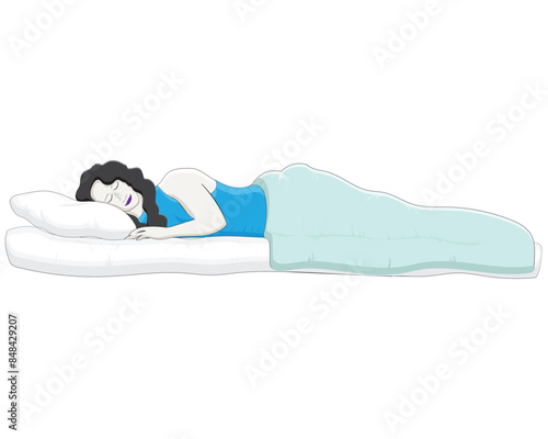 vector design cartoon illustration of a woman in blue clothes with black hair who is fast asleep facing sideways on a white mattress and cream blanket