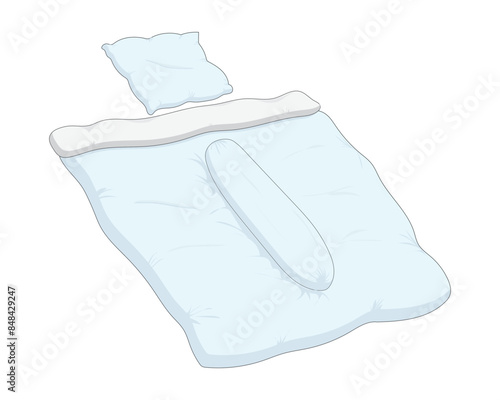 vector design, an illustration of sleeping equipment such as blankets and pillows for headrests and bolsters in white and light blue