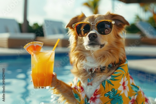 a dog wearing sunglasses and a shirt holding up a drink photo