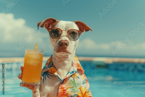 dog in hawaiian shirt holding a drink in pool photo