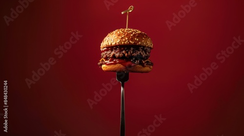 a hamburger is sitting on a fork