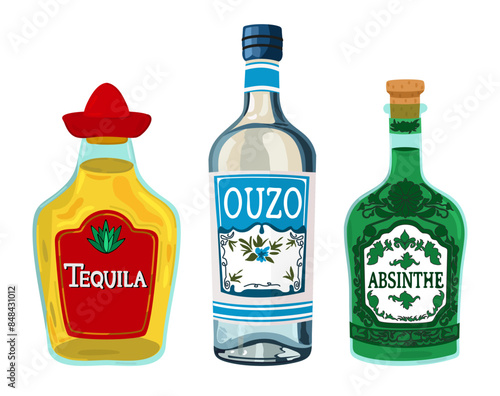 Vector collection of alcohol drinks. Bottles isolated on white background. Tequila, ouzo, absinthe