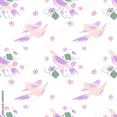 Birds among flowers.Floral Seamless pattern in pastel colors.Flat vector illustration