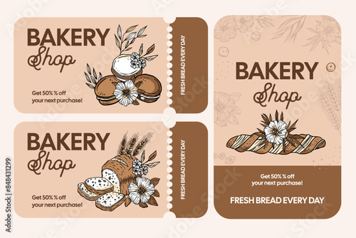 Bakery shop bread macaroon dessert coupon card. Vector baking business promotion