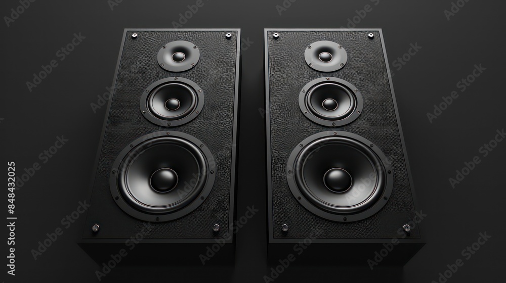 Pair Of Black Loud Speakers Isolated on black background. Generative AI Pair Of Black Loud Speakers Isolated on black background. Generative AI