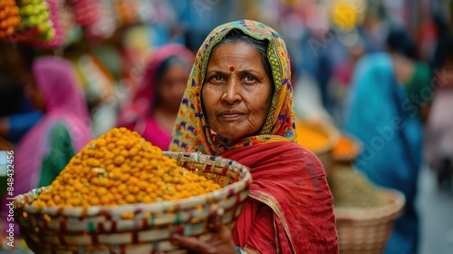 a woman in a is holding a basket yellow flowers