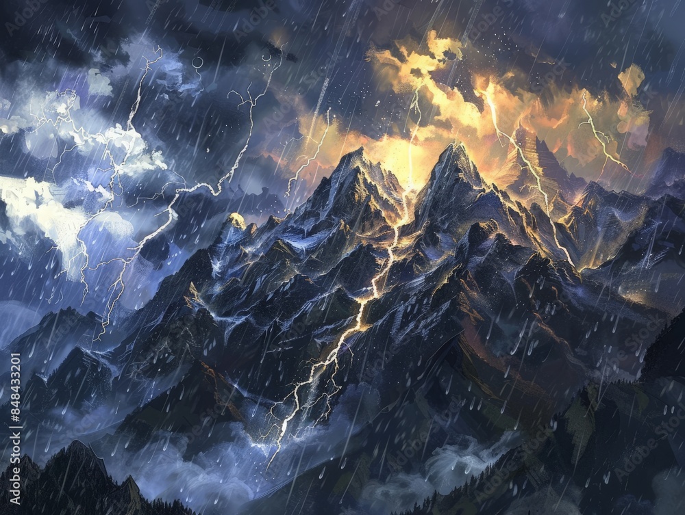 Capturing the dynamic power of a thunderstorm rolling over mountain peaks, with lightning illuminating the darkened sky and torrents of rain falling Capturing the dynamic power of a thunderstorm rolling over mountain peaks, with lightning illuminating the darkened sky and torrents of rain falling