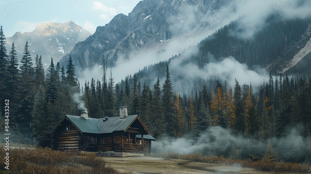 Capturing the peaceful solitude of a lone mountain cabin nestled among towering pines, with smoke curling from its chimney into the crisp alpine air Capturing the peaceful solitude of a lone mountain cabin nestled among towering pines, with smoke curling from its chimney into the crisp alpine air