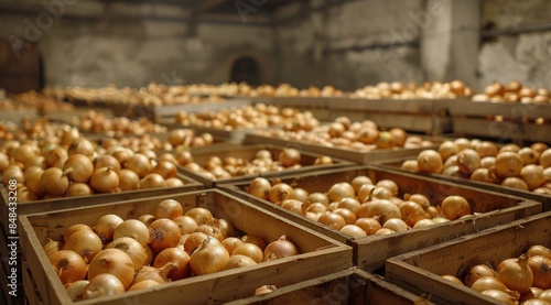 Crates of Freshly Harvested Onions in a Cool Storage Facility