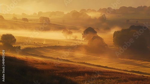 Capturing the serene charm of a rural landscape at dawn, with mist rising from the fields and soft golden light bathing the scenery 