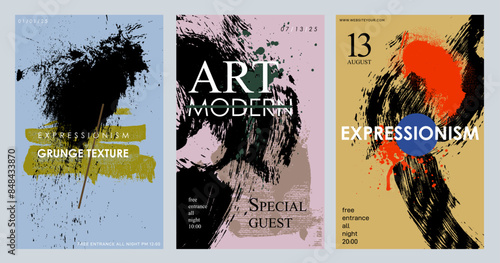 Set of distressed bright old colored texture. Typography template posters or banners for exhibition with stipple sand effect. Grunge squiggle brush. Grainy vintage color noisy dot splashes collection.