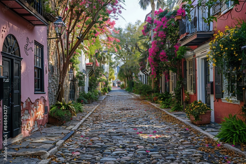 Fototapeta premium Cobblestone Street Lined With Historic Homes and Lush Greenery in Charleston, South Carolina