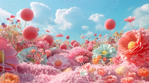 Colorful Balloons and Flowers in a Sunny Field