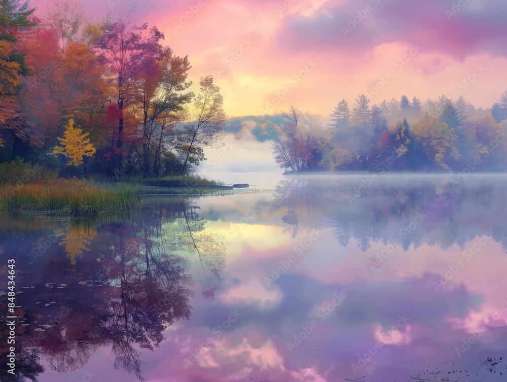 Fototapeta premium Showcasing a serene lakeside scene at dawn, with mist rising from the water's surface and vibrant colors reflecting in the calm lake