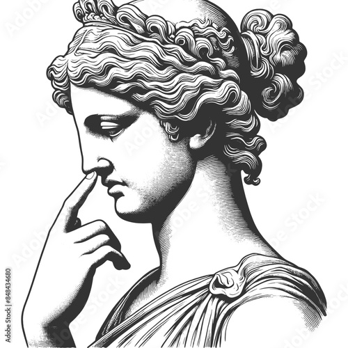 classical greek roman woman statue picking its nose, blending art and comedy sketch engraving generative ai fictional character vector illustration. Scratch board imitation. Black and white image.